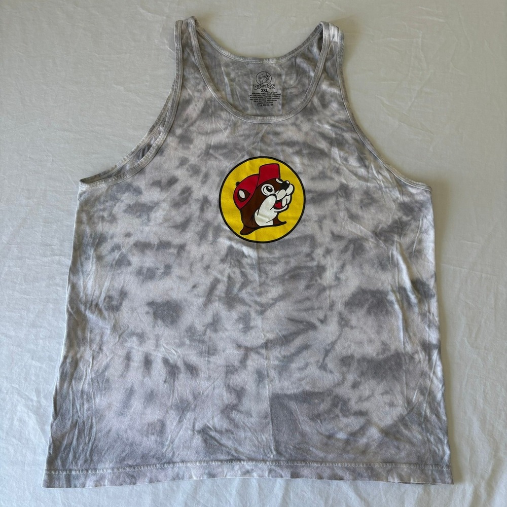 Buc-ees Tank Top Mens 2XL Grey White Tie Dye Beaver Logo Cotton Sleeveless
